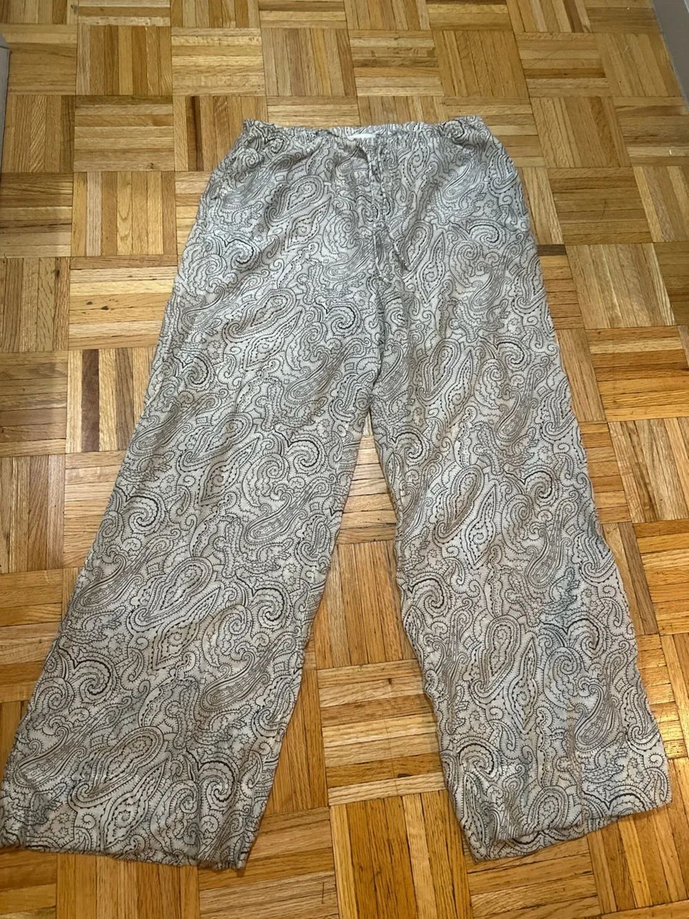 Paisley Pattern Linen Blend Pants in Beige and Frey